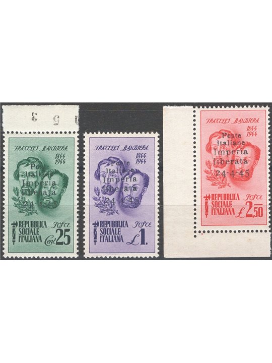 Issues Imperia 1945 Bandiera Brothers overprinted series No. 13/15. Cat. €65 (**)