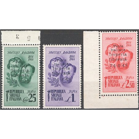 Issues Imperia 1945 Bandiera Brothers overprinted series No. 13/15. Cat. €65 (**)