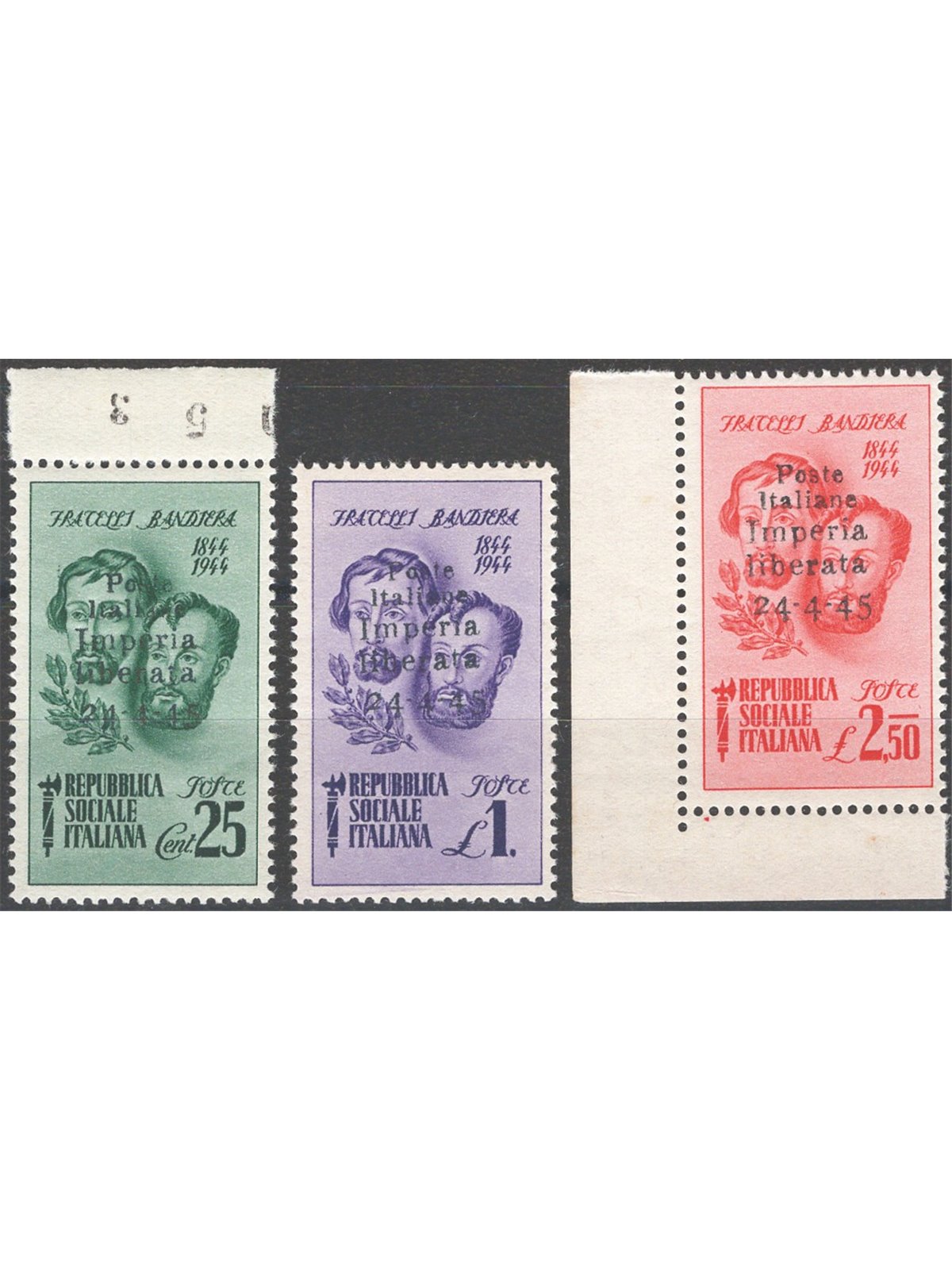 Issues Imperia 1945 Bandiera Brothers overprinted series No. 13/15. Cat. €65 (**)