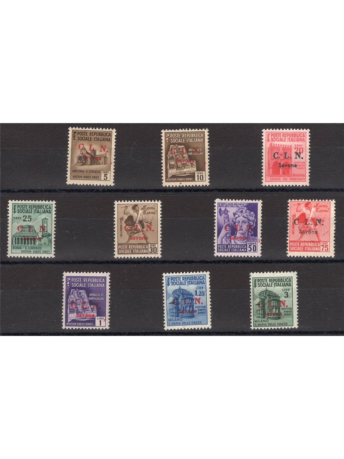 Emissioni  Savona 1945 Monumenti distrutti serie n° 1/10 Cert. Biondi Cat. € 1.125 (**)