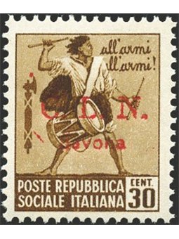 Emissioni  Savona 1945 Monumenti distrutti 30 c. bruno tamburino filigrana corona  n° 12 Cert. Biondi Cat. € 6.500 (**)