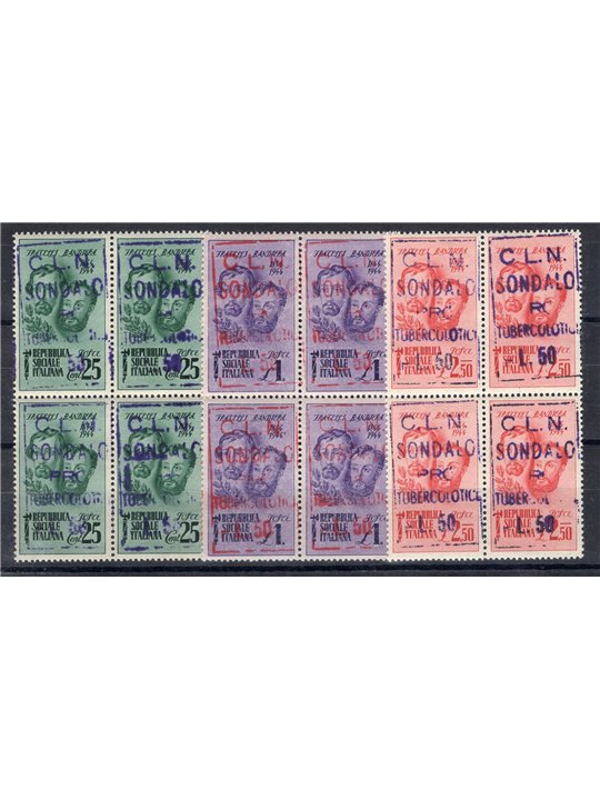 Issues Sondalo 1945 Fratelli Bandiera CEI overprint series no. 1/3 in a block of four Biondi Certificate Cat. €12,000++ (**)
