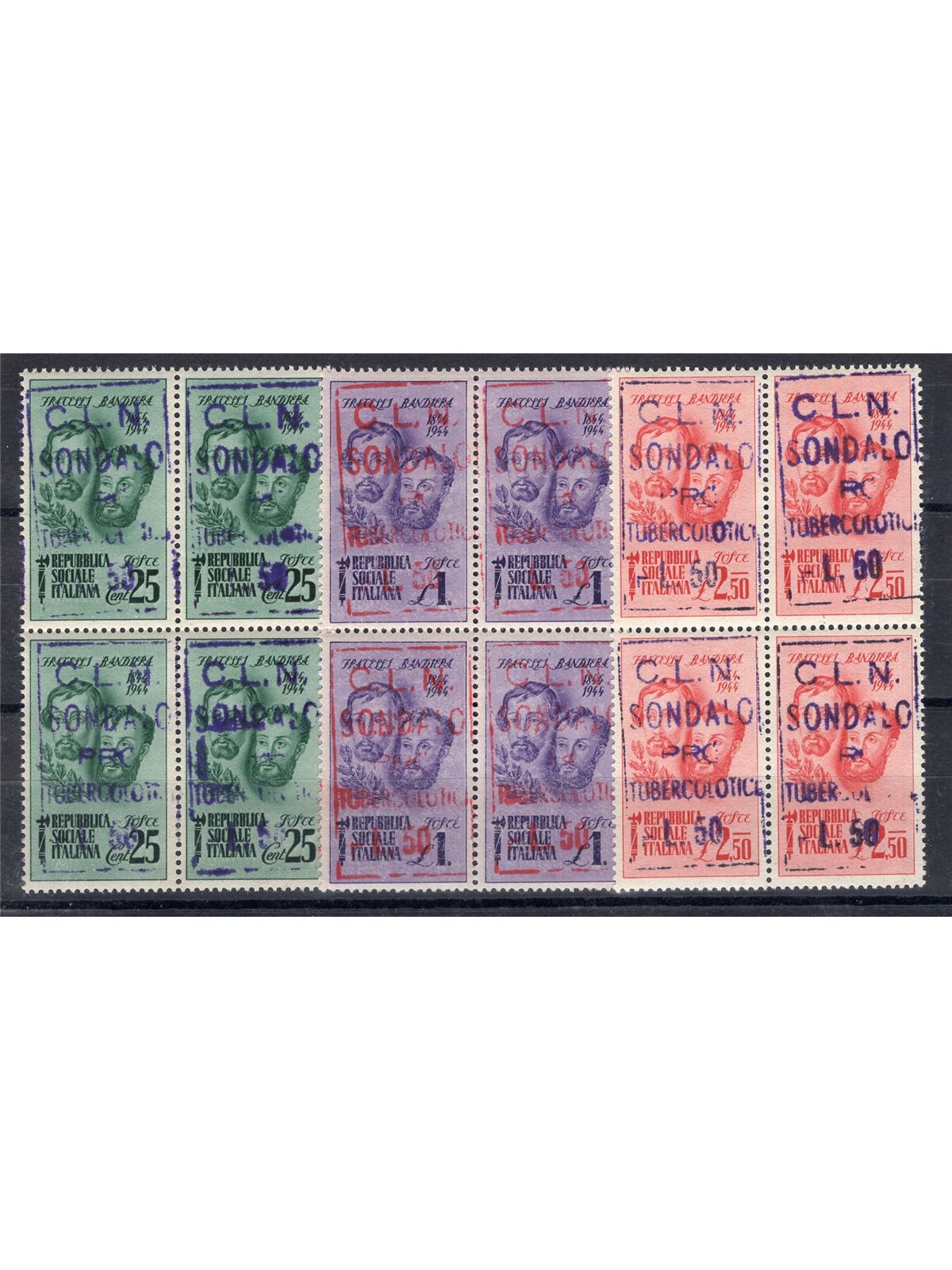 Issues Sondalo 1945 Fratelli Bandiera CEI overprint series no. 1/3 in a block of four Biondi Certificate Cat. €12,000++ (**)