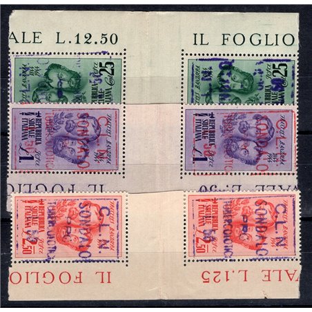 Emissioni  Sondalo 1945 Fratelli Bandiera soprast. in coppia con interspazio di gruppo angolo di foglio CEI serie n° 1/3 Cert. B