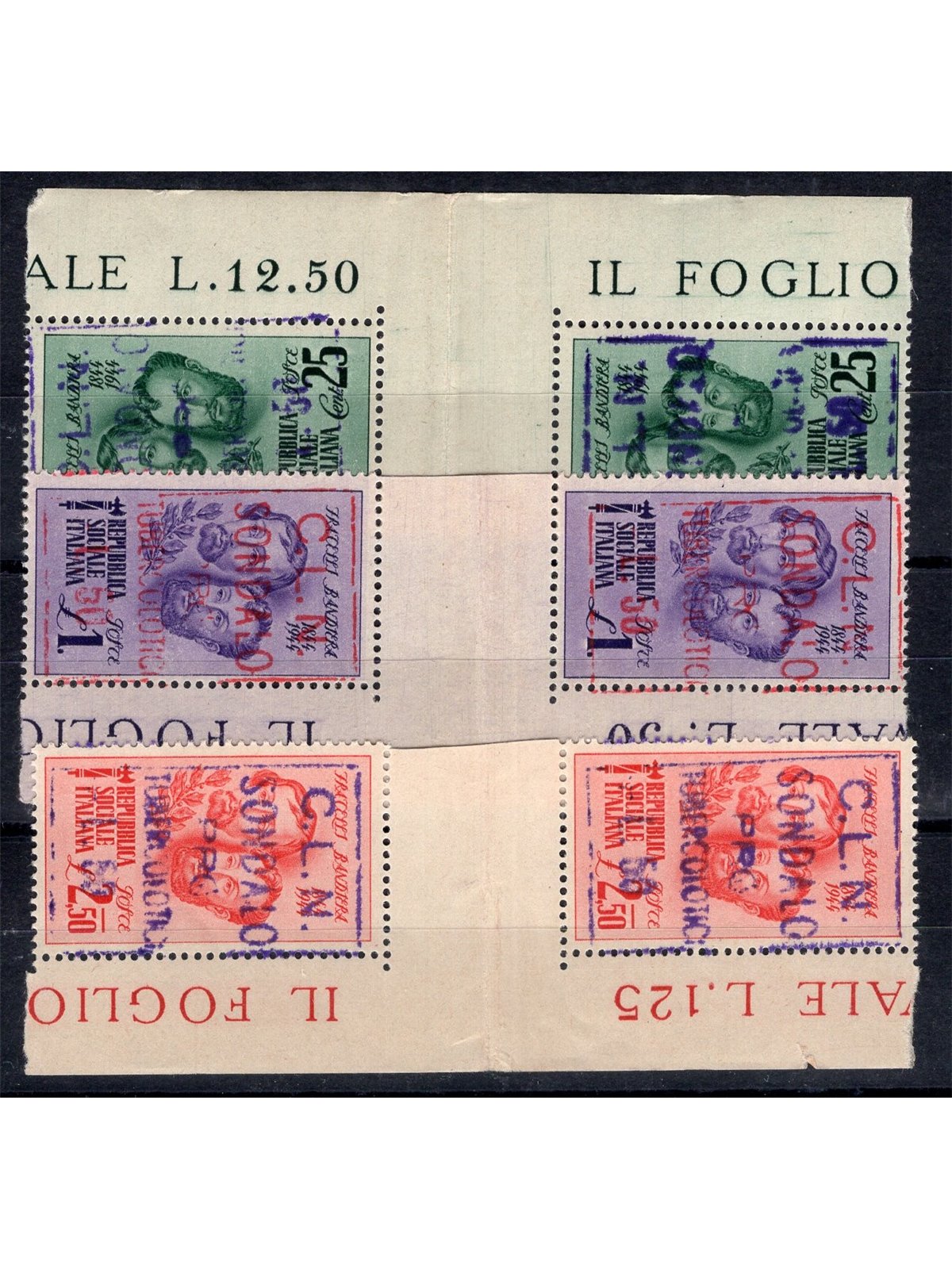 Issues Sondalo 1945 Fratelli Bandiera CEI overprint in a pair with group spacing corner of sheet CEI series no. 1/3 Biondi Cert.