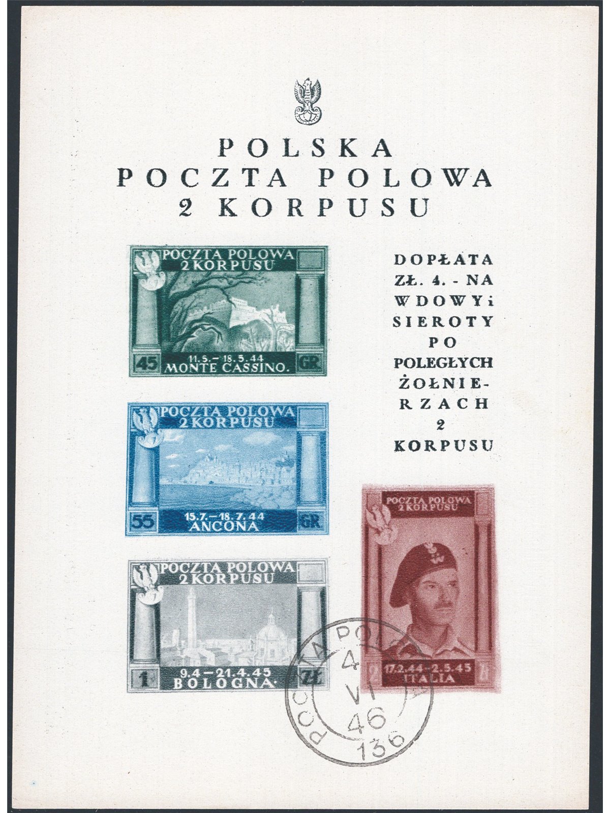 Polish Corps 1946 BF Polish Victories on thick white paper ungummed as issued and with the usual stamp at the bottom no. 1Aa Cer