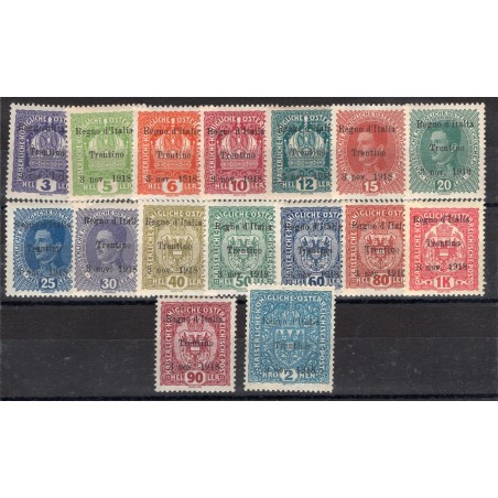 Trentino Alto Adige 1918 Francobolli d'Austria soprast. serie n° 1/16 (con ottima centratura fino al 2 corone) Cert. CiBaFil Cer