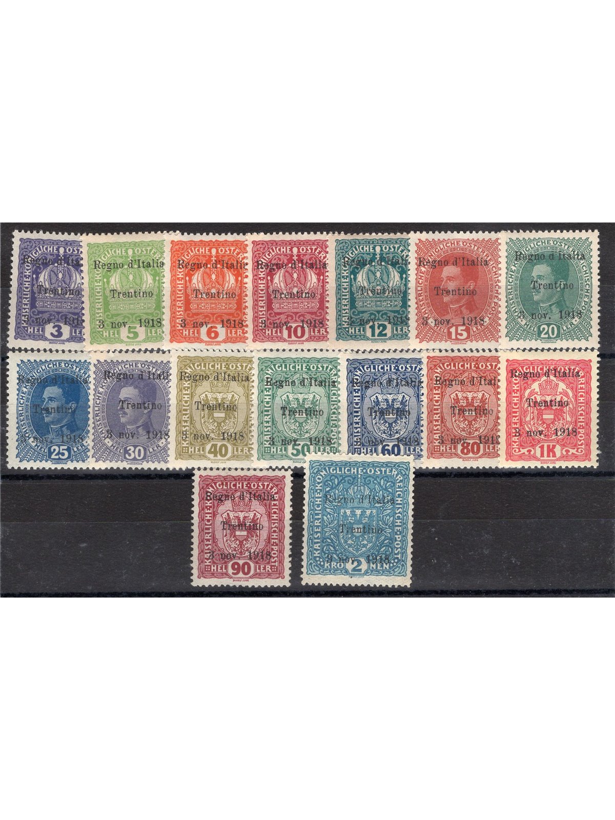 Trentino-Alto Adige 1918 Austrian stamps overprinted series no. 1/16 (with excellent centring up to 2 crowns) CiBaFil Cert. Cert