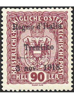 Trentino Alto Adige 1918 90 h. lilla rosso soprast. n° 14 Cert. Biondi Cat. € 4.500 (*)