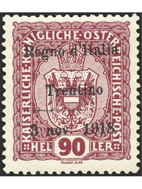 Trentino-Alto Adige 1918 90 h. lilac-red overprint no. 14 Biondi Cert. Cat. €4,500 (*)
