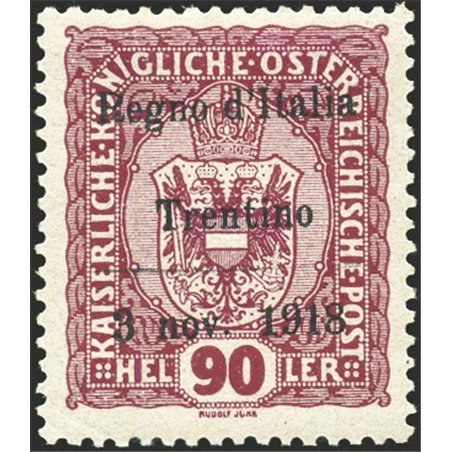 Trentino Alto Adige 1918 90 h. lilla rosso soprast. n° 14 Cert. Biondi Cat. € 4.500 (*)