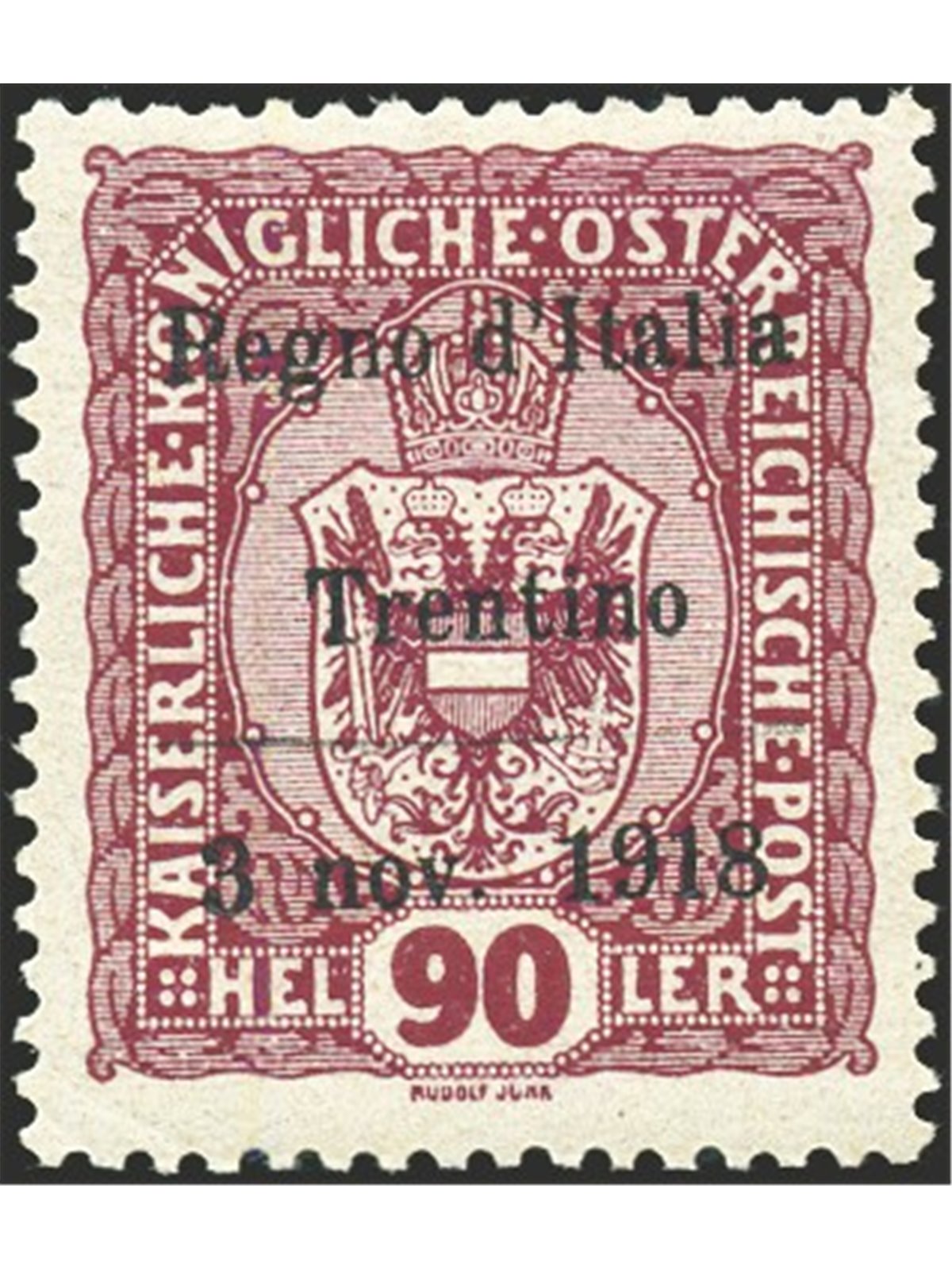 Trentino Alto Adige 1918 90 h. lilla rosso soprast. n° 14 Cert. Biondi Cat. € 4.500 (*)