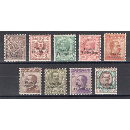 Trentino-Alto Adige 1918 Overprint series no. 19/27 with excellent centring. Biondi certificate. Cat. €6,500 (**)