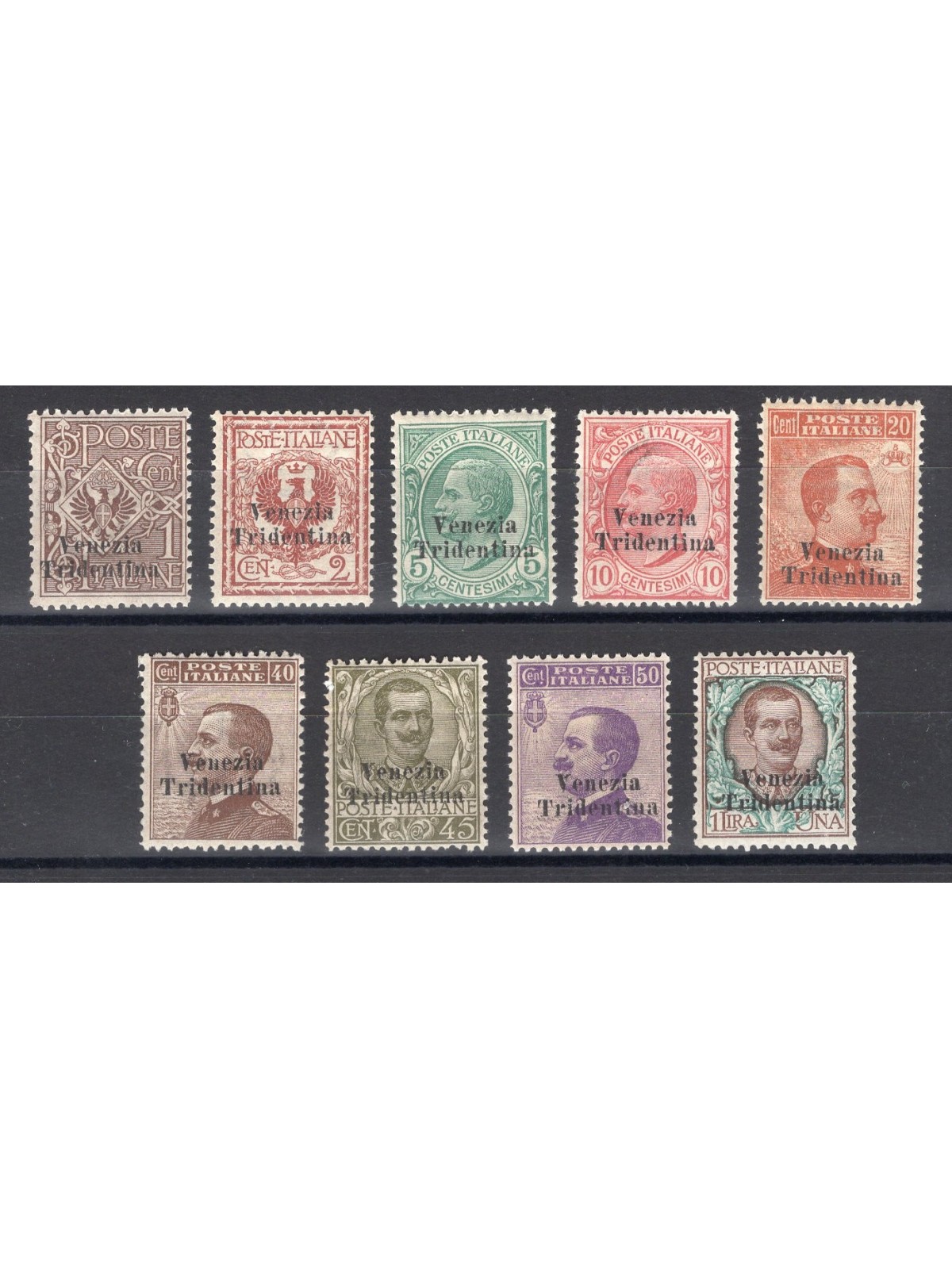 Trentino-Alto Adige 1918 Overprint series no. 19/27 with excellent centring. Biondi certificate. Cat. €6,500 (**)