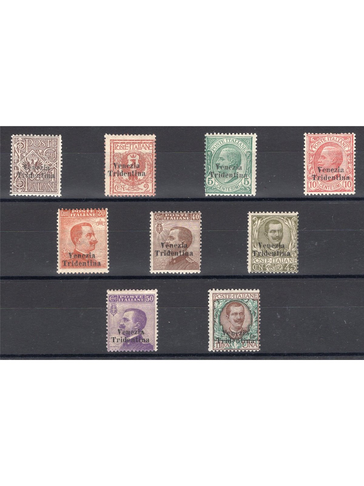 Trentino-Alto Adige 1918 Overprint series no. 19/27. Biondi certificate. Cat. €3,250 (** )