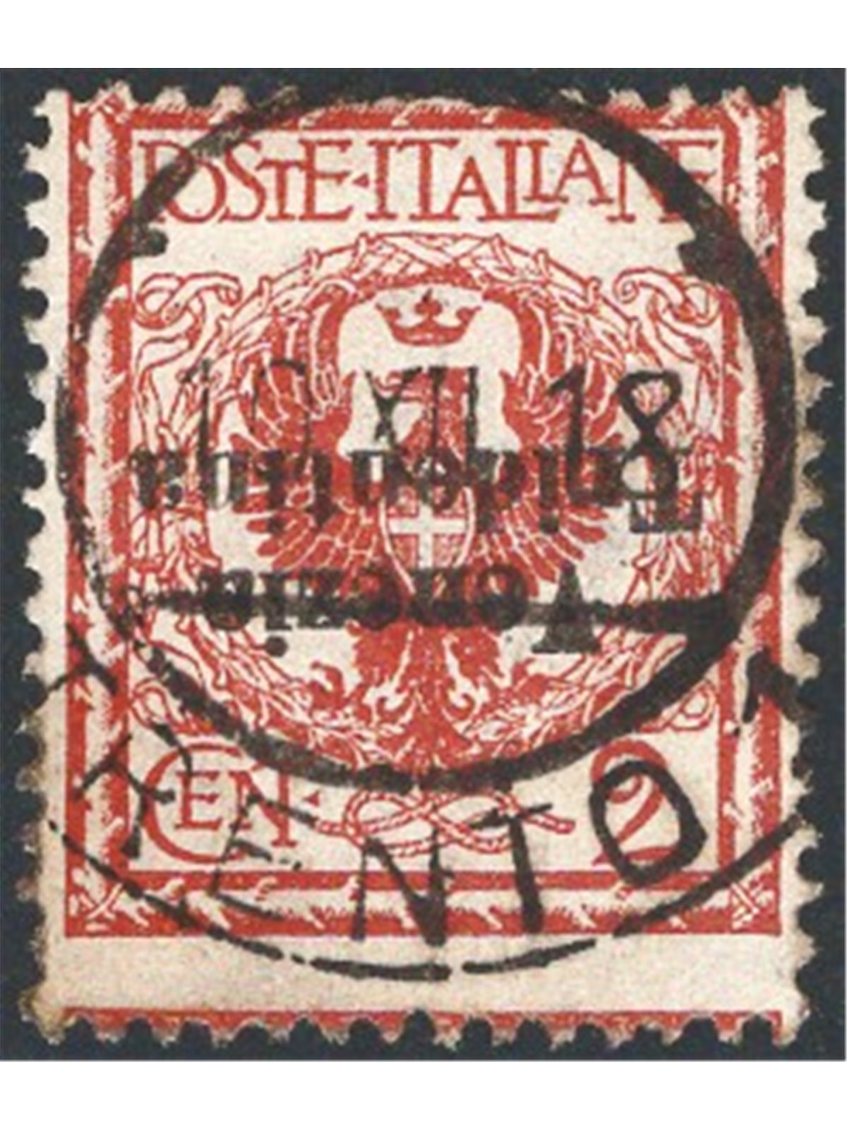 Trentino Alto Adige 1918 Floreale 2 c. rosso bruno con soprast. capovolta n° 20aa Cert. CiBaFil Cat. € 300 (U)