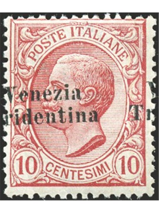 Trentino Alto Adige 1918 10 c. con soprast. obliqua e fortemente spostata a sinistra CEI n° 22i Cert. Biondi Cat. € 480 (**)