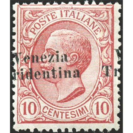 Trentino Alto Adige 1918 10 c. con soprast. obliqua e fortemente spostata a sinistra CEI n° 22i Cert. Biondi Cat. € 480 (**)