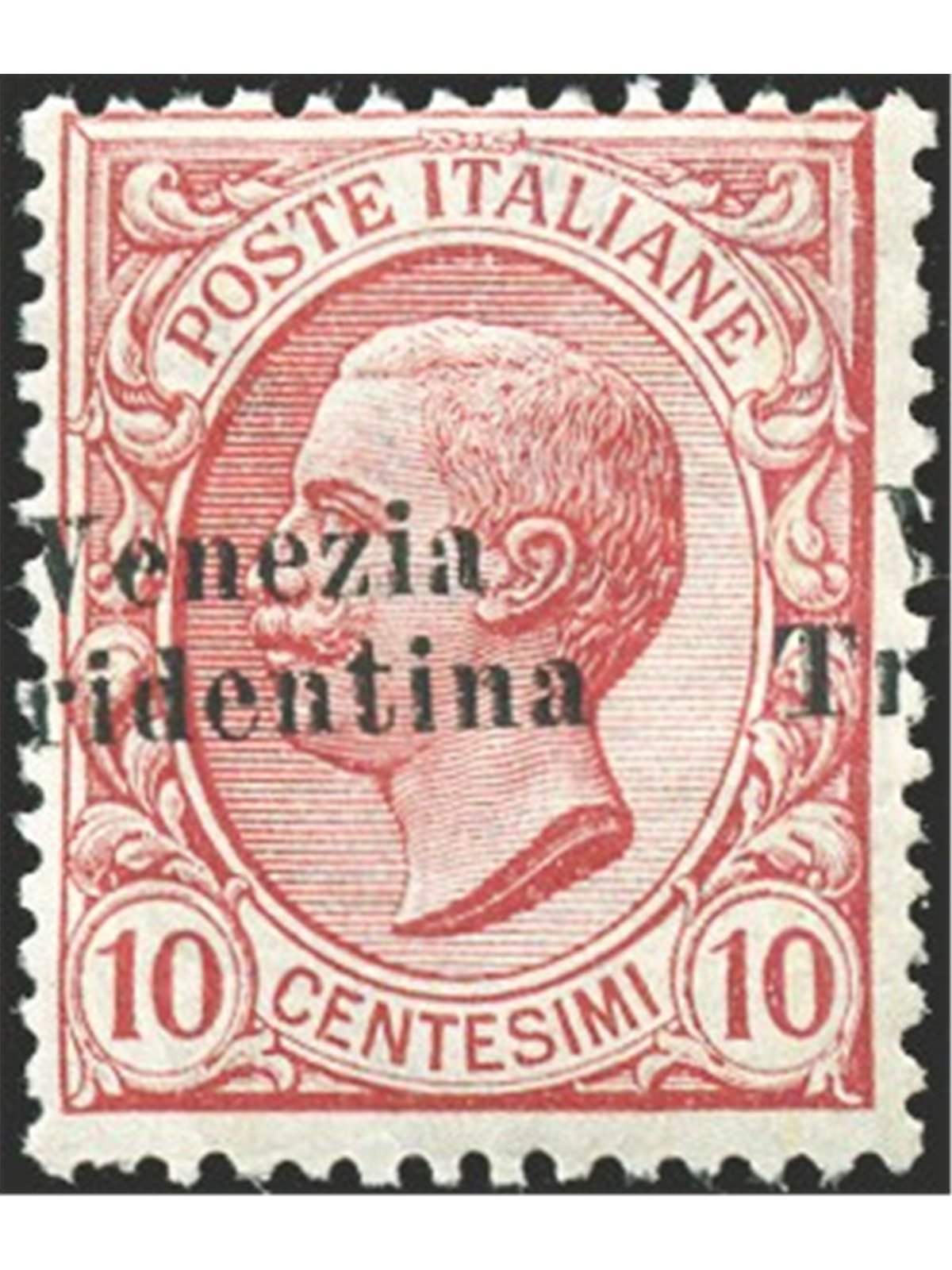 Trentino Alto Adige 1918 10 c. con soprast. obliqua e fortemente spostata a sinistra CEI n° 22i Cert. Biondi Cat. € 480 (**)