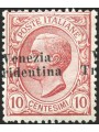 Trentino Alto Adige 1918 10 c. con soprast. obliqua e fortemente spostata a sinistra CEI n° 22i Cert. Biondi Cat. € 480 (**)
