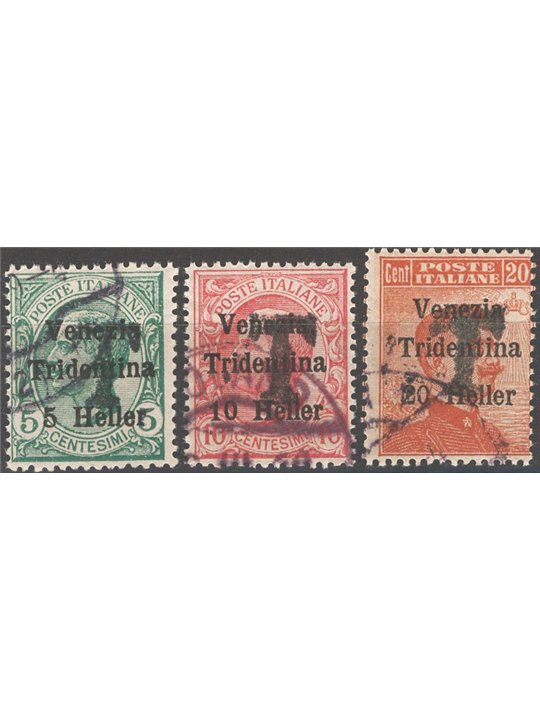 Trentino 1918/19 Stamps of Venezia Tridentina with an overprint of a black “T” series no. BZ1 5/7 (**)