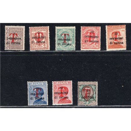 Trentino 1918/19 Trento e Trieste con soprast. di una “T” rossa n° BZ1 20/27 Cert. CiBaFil Cat. € 787 (**)