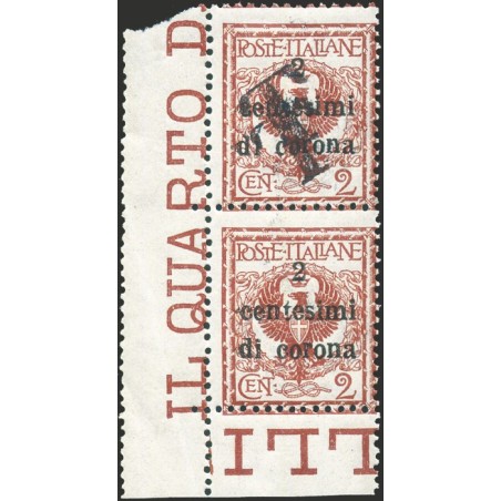 Trentino 1918/19 Trento and Trieste 2c. in a pair one without an overprint and the other with a double oblique black ‘T’ overpri