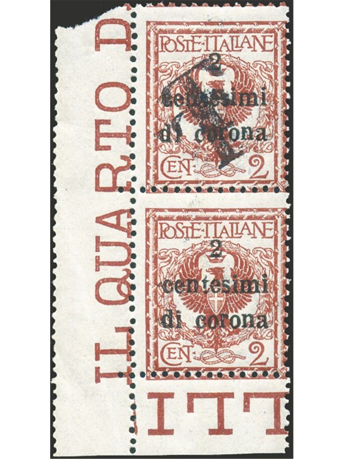 Trentino 1918/19 Trento e Trieste 2 c. in coppia con un esemplare senza soprast. e l'altro con doppia soprast. "T" in nero obliq