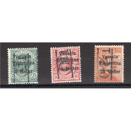 Trentino 1918/19 Venezia Tridentina with overprint ’T5" “T10” and “T20” new tax stamp denomination series no. BZ3 17/19 Biondi C