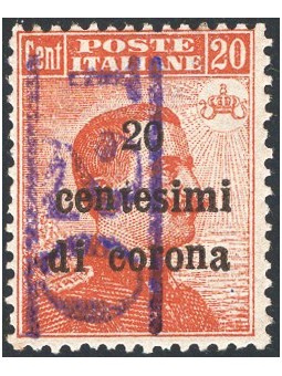 Trentino 1918/19 Venezia Tridentina 20 c. con soprast. "T20" in violetto nuovo val. di segnatasse n° BZ3 19A Cert. Biondi Cat. €