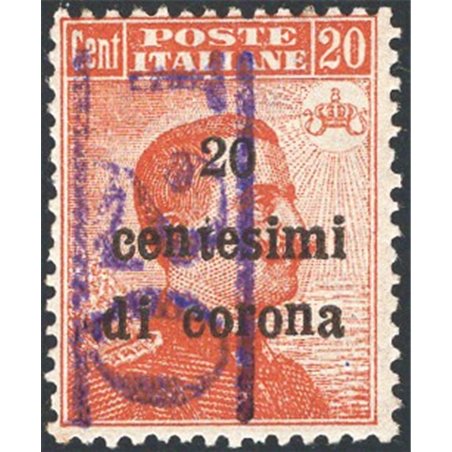 Trentino 1918/19 Venezia Tridentina 20 c. with overprint “T20” in violet new stamp value no. BZ3 19A Certified Biondi Cat. €1,50