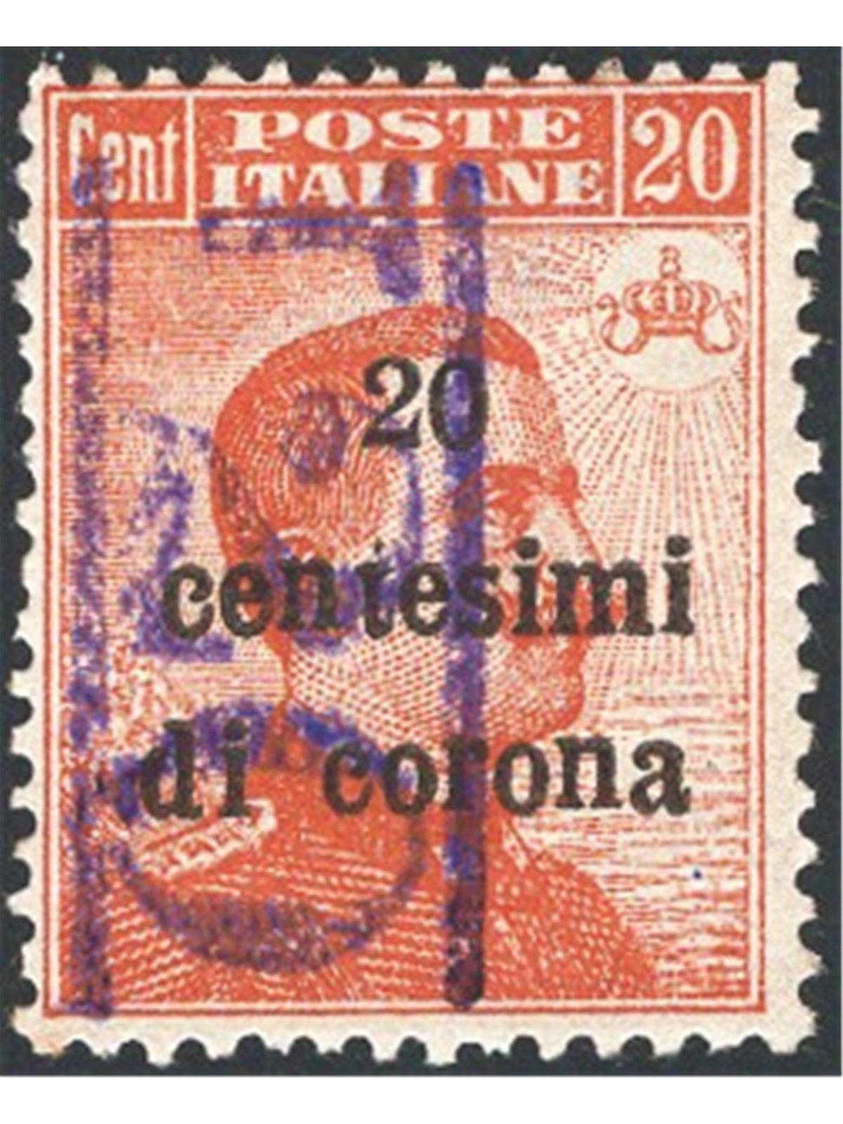 Trentino 1918/19 Venezia Tridentina 20 c. with overprint “T20” in violet new stamp value no. BZ3 19A Certified Biondi Cat. €1,50