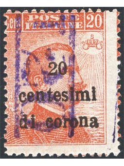 Trentino 1918/19 Venezia Tridentina 20 c. with overprint “T20” in violet new tax stamp value no. BZ3 19A Biondi Cert. Cat. €1,00