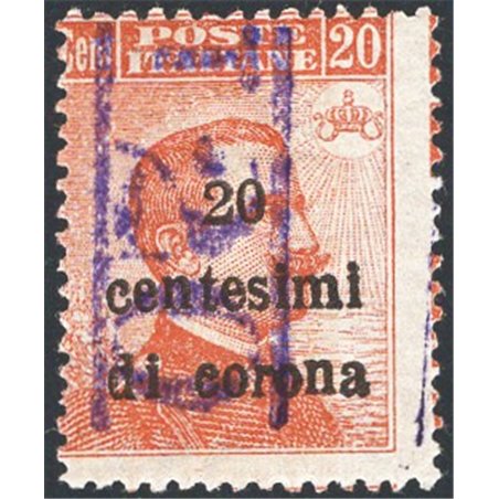 Trentino 1918/19 Venezia Tridentina 20 c. con soprast. "T20" in violetto nuovo val. di segnatasse n° BZ3 19A Cert. Biondi Cat. €