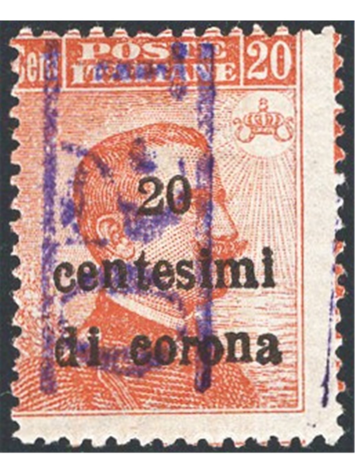 Trentino 1918/19 Venezia Tridentina 20 c. with overprint “T20” in violet new tax stamp value no. BZ3 19A Biondi Cert. Cat. €1,00