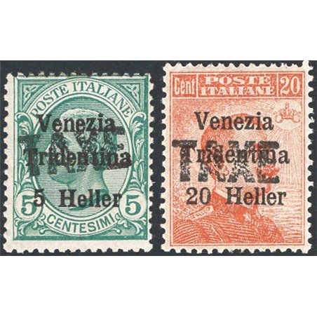 Trentino 1918/19 Venezia Tridentina 5 h. e 20 h. con soprast. "TAXE" serie n° BZ3 31A/32 Cert. Biondi Cat. € 960 (**)