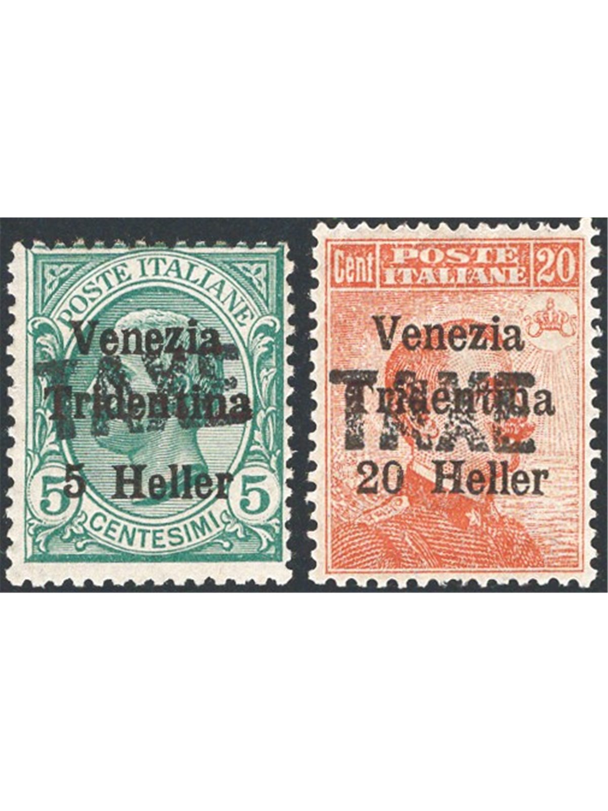 Trentino 1918/19 Venezia Tridentina 5 h. e 20 h. con soprast. "TAXE" serie n° BZ3 31A/32 Cert. Biondi Cat. € 960 (**)