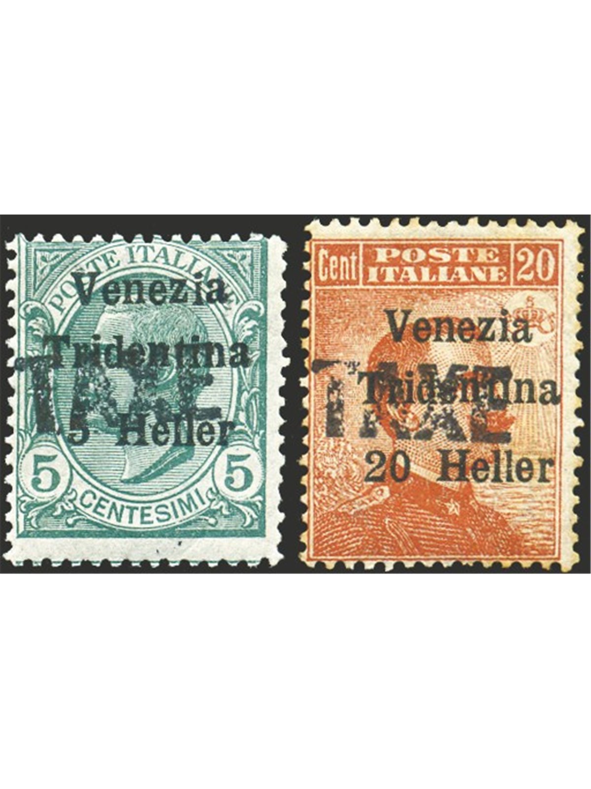 Trentino 1918/19 Venezia Tridentina 5 h. e 20 h. con soprast. "TAXE" orizzontale serie n° BZ3 31A/32 Cert. Biondi Cat. € 640 (*)