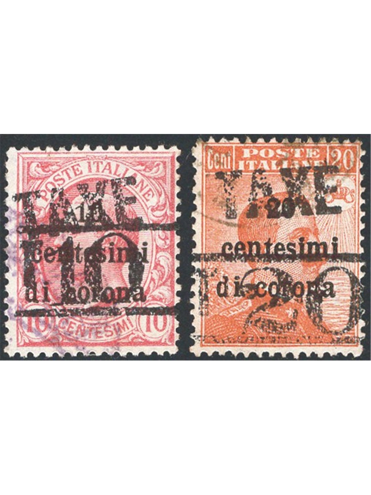 Trentino 1918/19 Venezia Tridentina 10 c. e 20 c. con soprast. "TAXE" in alto e “T” con nuovo valore tra le linee orizzontali in