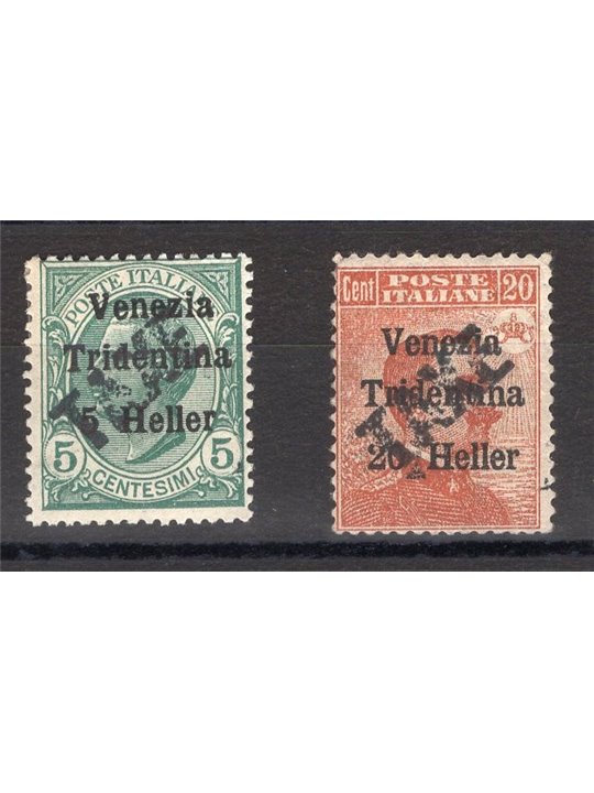 Trentino 1918/19 – Denominations in Heller 5 h + 20 h with new black overprint “TAXE” slanting from bottom to top No. BZ3 45/46 