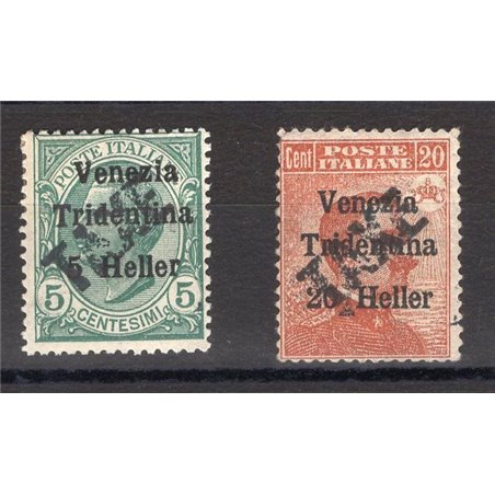 Trentino 1918/19 – Denominations in Heller 5 h + 20 h with new black overprint “TAXE” slanting from bottom to top No. BZ3 45/46 
