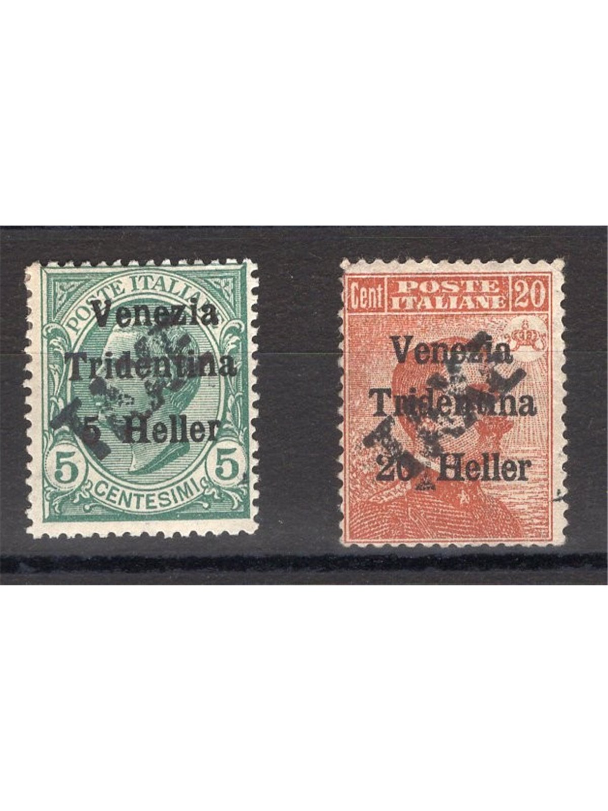 Trentino 1918/19 – Denominations in Heller 5 h + 20 h with new black overprint “TAXE” slanting from bottom to top No. BZ3 45/46 