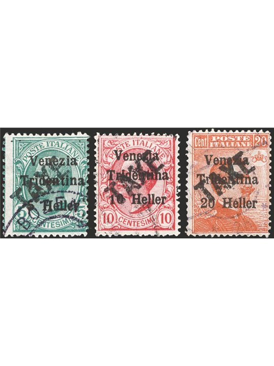 Trentino 1918/19 Michetti 20 c. orange with black overprint “TAXE” slanting from bottom to top series nos. 45 + 45A + 46 certifi