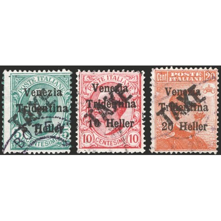 Trentino 1918/19 Michetti 20 c. orange with black overprint “TAXE” slanting from bottom to top series nos. 45 + 45A + 46 certifi