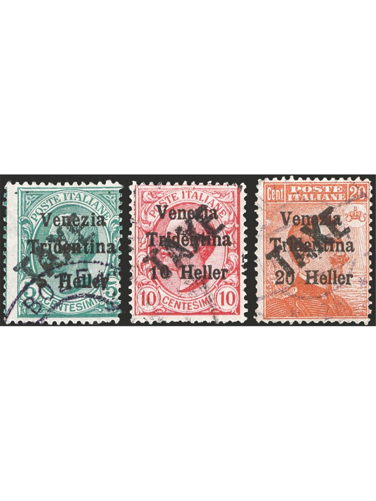 Trentino 1918/19 Michetti 20 c. orange with black overprint “TAXE” slanting from bottom to top series nos. 45 + 45A + 46 certifi