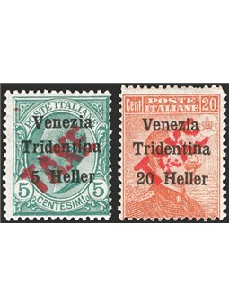 Trentino 1918/19 Venezia Tridentina 5 h. su 5 c. e 20 h. su 20 c. con soprast. "TAXE" in rosso n° BZ3 47/48 Cert. Biondi Cat. € 