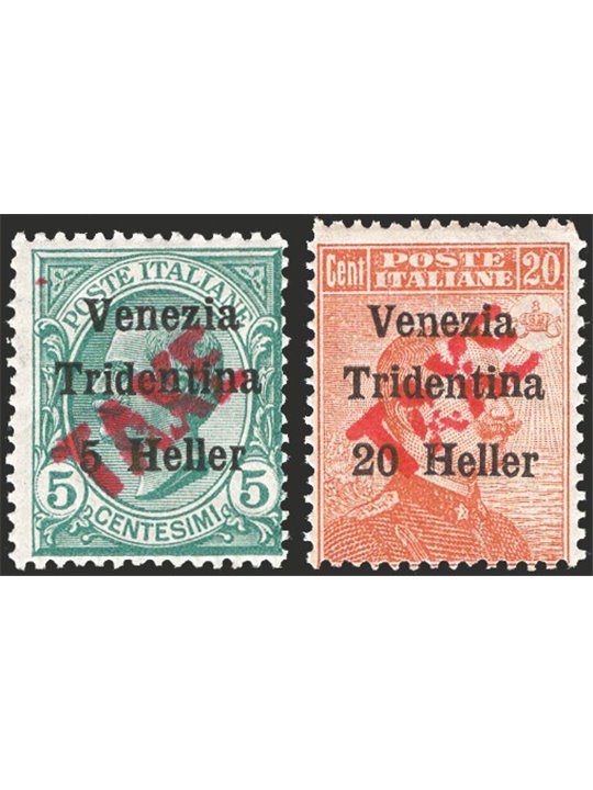 Trentino 1918/19 Venezia Tridentina 5 h. on 5 c. and 20 h. on 20 c. with ‘TAXE’ overprint in red no. BZ3 47/48 Biondi Certificat