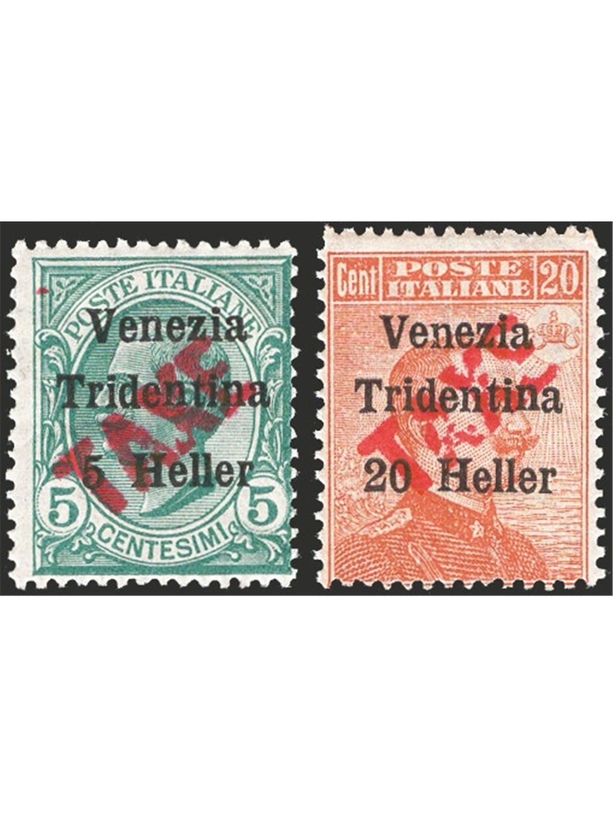Trentino 1918/19 Venezia Tridentina 5 h. on 5 c. and 20 h. on 20 c. with ‘TAXE’ overprint in red no. BZ3 47/48 Biondi Certificat