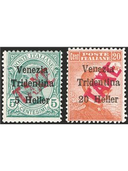 Trentino 1918/19 Venezia Tridentina 5 h. su 5 c. e 20 h. su 20 c. con soprast. "TAXE" in rosso n° BZ3 47/48 Cert. Biondi Cat. € 