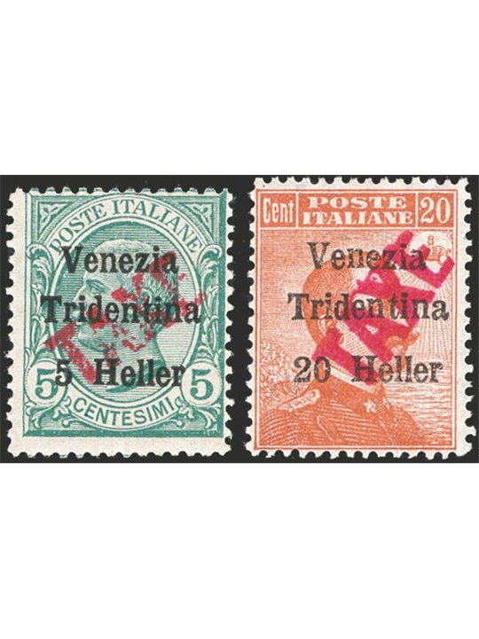 Trentino 1918/19 Venezia Tridentina 5 h. su 5 c. e 20 h. su 20 c. con soprast. "TAXE" in rosso n° BZ3 47/48 Cert. Biondi Cat. € 